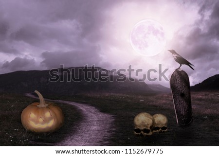 Apocalyptic Halloween scenery with pumpkin, grave, raven skull and moon