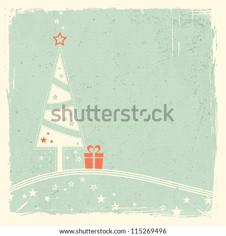 Illustration of a stylized Christmas tree with present on top of wavy lines with stars on pale green textured grunge background. Space for your text.