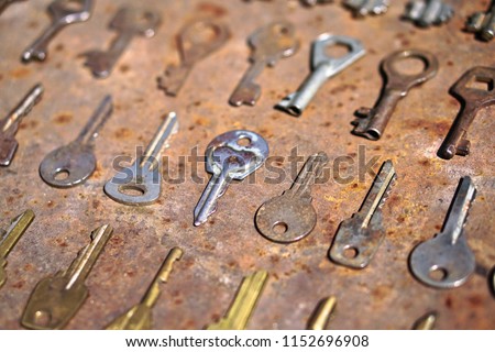 Collection of a variety of old keys. Secret, On a metallic rusty grunge background. Creative decorative background for design. Retro style
