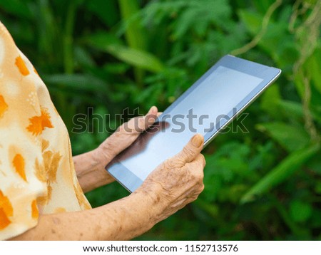 Hands of senior woman holding tablet in the garden