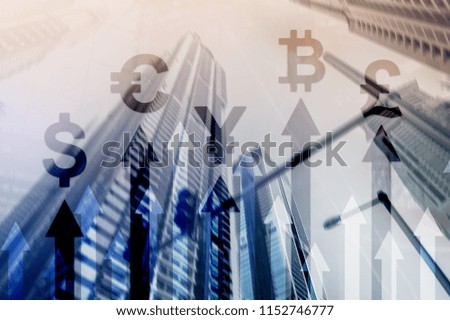 Double exposure business and financial concept. Currency growth arrows. Stock trading and forex.