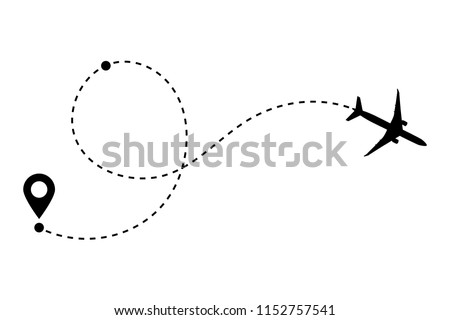 Airplane line path vector icon of air plane flight route with start point, transfer point and dash line trace. Aircraft clip art icon with route path track in black and white. Airplane minimal vector.