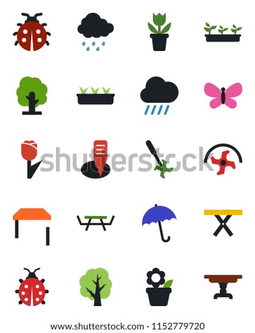 Color and black flat icon set - umbrella vector, flower in pot, ripper, tree, butterfly, lady bug, seedling, rain, plant label, picnic table, tulip