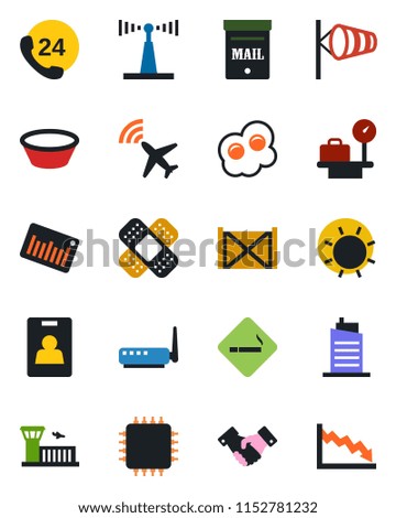 Color and black flat icon set - plane radar vector, smoking place, wind, luggage scales, airport building, handshake, sun, patch, 24 hours, container, barcode, antenna, identity card, mailbox, bowl