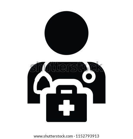 Health icon vector male doctor person profile avatar with Stethoscope and first aid kit bag for Medical Consultation in Glyph Pictogram illustration