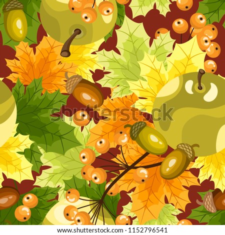 Vector floral seamless pattern with autumn leaves, berries, apples and acorn.