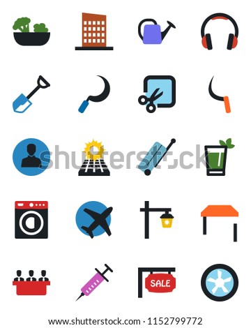 Color and black flat icon set - suitcase vector, shovel, watering can, sickle, garden light, syringe, plane, headphones, user, cut, meeting, sun panel, sale, table, washer, city house, phyto bar