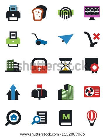 Color and black flat icon set - document search vector, printer, lawn mower, monitor pulse, no trolley, lock, fingerprint id, sertificate, office building, estate, mailbox, menu, bread, paper plane