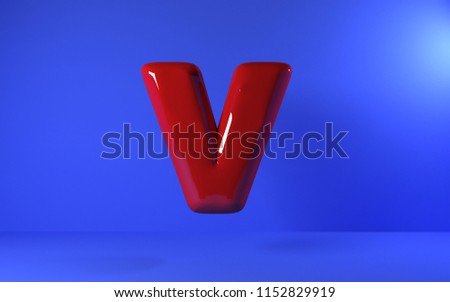 3d red plastic on blue background.letters v