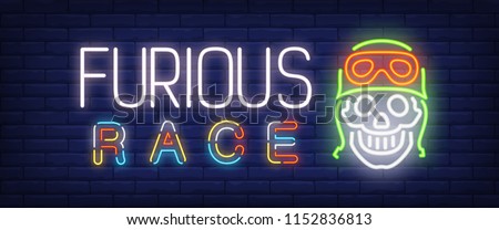 Furious race neon text with skull in helmet. Transport and promotion concept. Advertisement design. Night bright neon sign, colorful billboard, light banner. Vector illustration in neon style.
