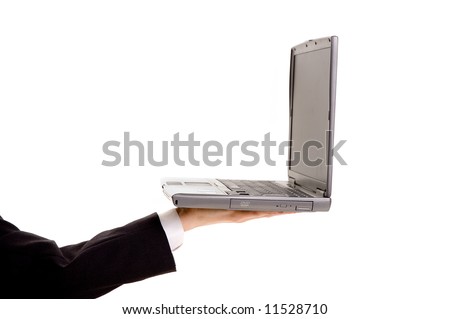 Laptop computer in a businessman's hand