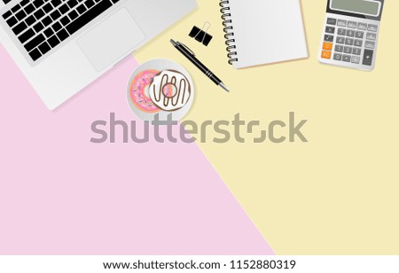 Workspace with notebook, pen, donut, calculator and paper clips on pink and yellow background, copy space, Flat lay, Top view. Vector illustration