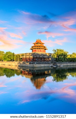 Watchtower of Forbidden City at sunset,Beijing,China