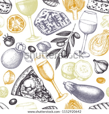 Seamless pattern with italian food and drinks sketches. Hand drawn restaurant menu illustration. Vintage cheese, vegetables, wine background. Dairy products vector design.
