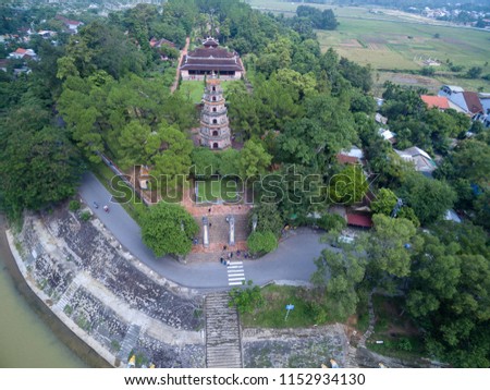 Thien Mu Pagoda, Hue, Vietnam from sky. 
Pagoda of the Celestial Lady  is a historic temple in the city of Huế in Vietnam.