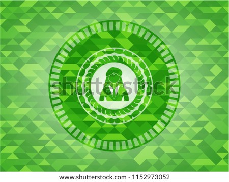 businesswoman icon inside realistic green mosaic emblem