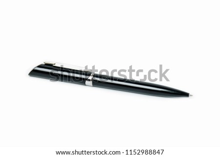 Top view close up to a Metal black pen isolated on white background. Flat lay ideas.