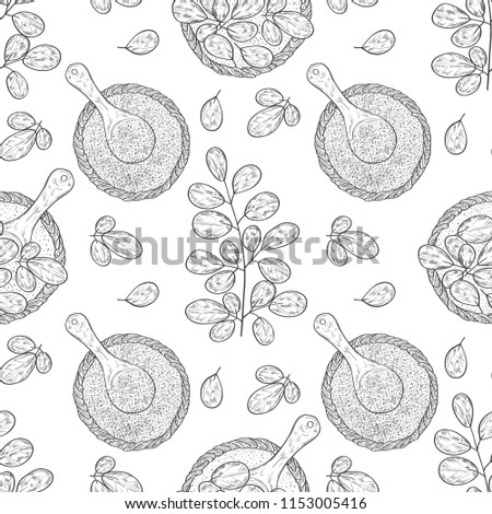 Moringa. Plant. Leaves, powder, spoon. Sketch. Background, wallpaper, seamless. Monochrome.
