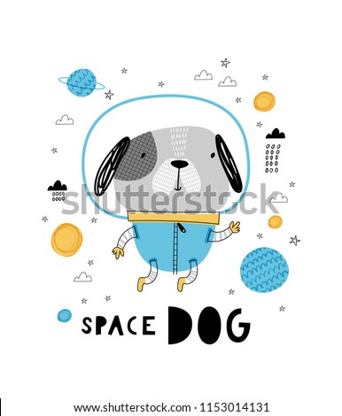 Space dog. Card template with cute dog. Hand drawn graphic for typography poster, card, label, brochure, flyer, page, banner, baby wear, nursery. Vector illustration in blue and yellow. 