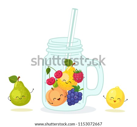 Cocktail of cartoon funny fruits isolated on white background. Vector summer illustration.