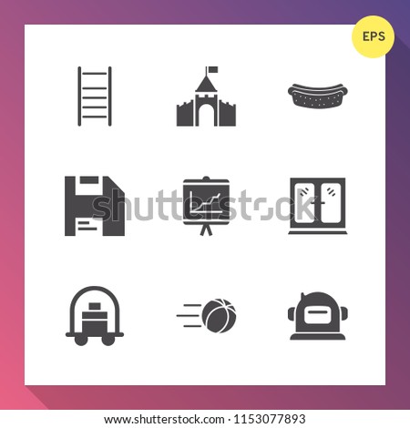Modern, simple vector icon set on gradient background with space, step, report, tower, document, home, sign, luggage, architecture, food, eat, meal, science, business, medieval, lunch, computer icons