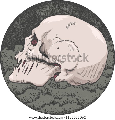 The human skull lies. Tattoo. Dot work. Pointillisme