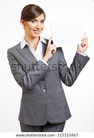 Portrait of smiling business woman with blank board , isolated on white background