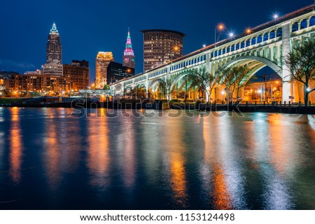 The Cleveland skyline and Detroit-Superior Bridge at night, in Cleveland, Ohio