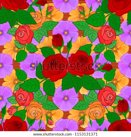 Vector seamless pattern with stylized red, green and violet roses. Square composition with abstrct vintage roses with green leaves.