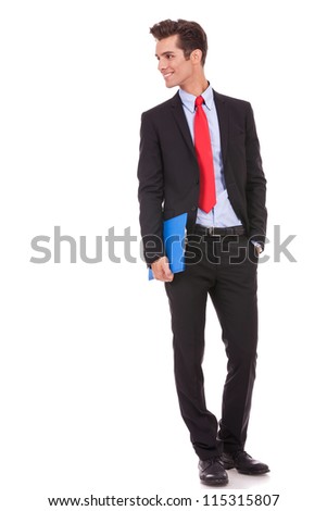 smiling business man with a clipboard looking to his right side on white background