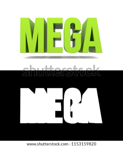 Green letters floating on white background. Concept of SALE with text MEGA. High quality 3D render isolated with clipping mask. 