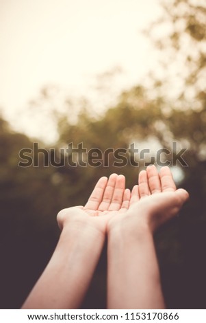 Woman hands place together like praying in front of nature green bokeh and blue sky  background.
