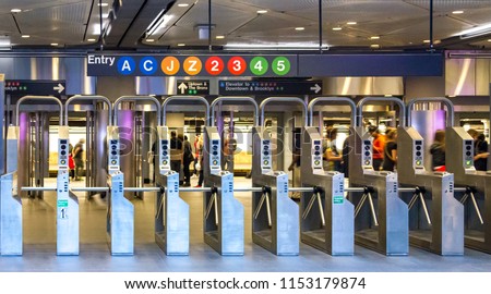 Fulton Street subway station entrance in downtown Manhattan, New York City Royalty-Free Stock Photo #1153179874