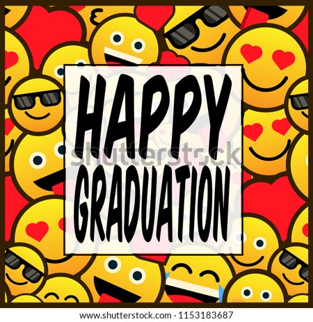 happy graduation cute label, logo, background with emoji illustration, vector