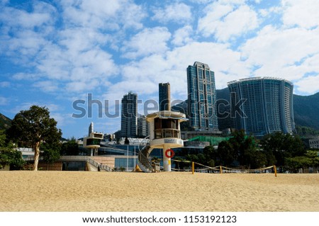 Lifeguard tower on a sandy beach in Hong Kong, China.