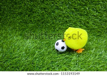   Soccer  Happy Easter Holiday  to Football player with yellow chicken and football on green grass                           