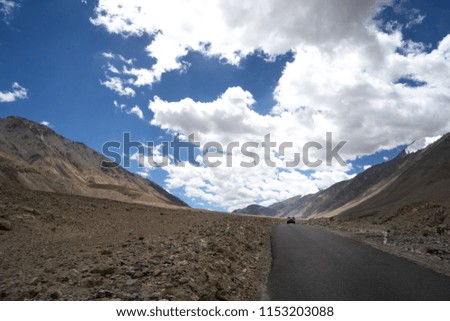 The beautiful view from car of local road around with mountain and blue sky background in Leh Ladakh,India