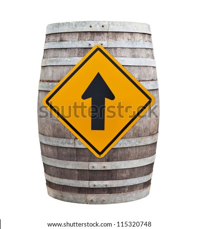 Big old wine barrel with traffic sign isolated on white background