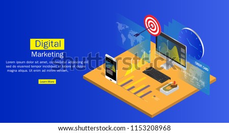 Isometric flat design.Concept business strategy. Analysis data and Investment,Digital marketing.Financial review with laptop and infographic elements.