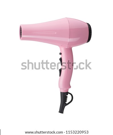 Photo of hair dryer color rose quartz. Isolated on White background. Royalty-Free Stock Photo #1153220953