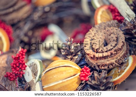 Autumnal decoration. Ornament with dried fruit and cones. Aromatic, relaxing, mood-enhancing fragrances.