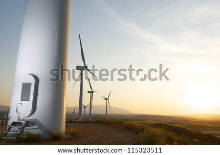 Group of windmills for renewable electric energy production, Fuendejalon, Zaragoza, Aragon, Spain Royalty-Free Stock Photo #115323511