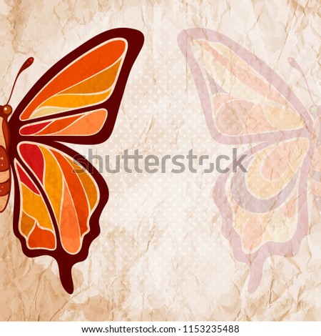 Colorful butterfly on a grunge retro background. Vintage style card.