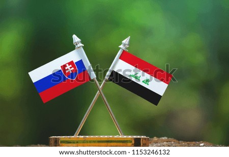 Iraq and Slovakia small flag with blur green background