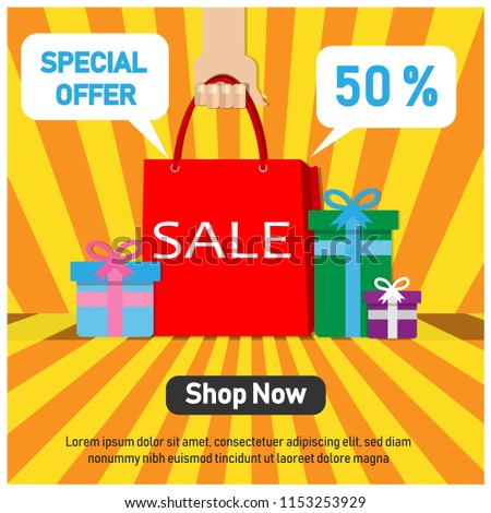 Shopping paper bag with best offer sale tag icon on sunshine pattern yellow and orange background.