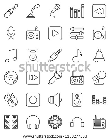thin line vector icon set - bell vector, music, disk, hit, microphone, radio, speaker, equalizer, headphones, play button, forward, backward, rec, jack