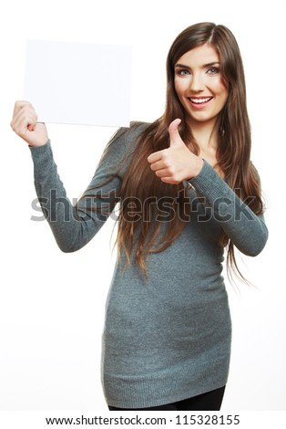 Young smiling woman with blank board isolated over white background