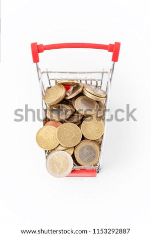 Shopping cart with euro coins in it on white background. Supermarket shopping, sale and cash back theme. Copyspace for text.