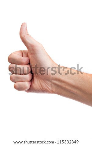 Closeup of male hand showing thumbs up sign isolated against white background