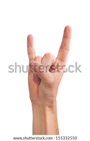 A man's hand giving the Rock and Roll sign isolated on a white background